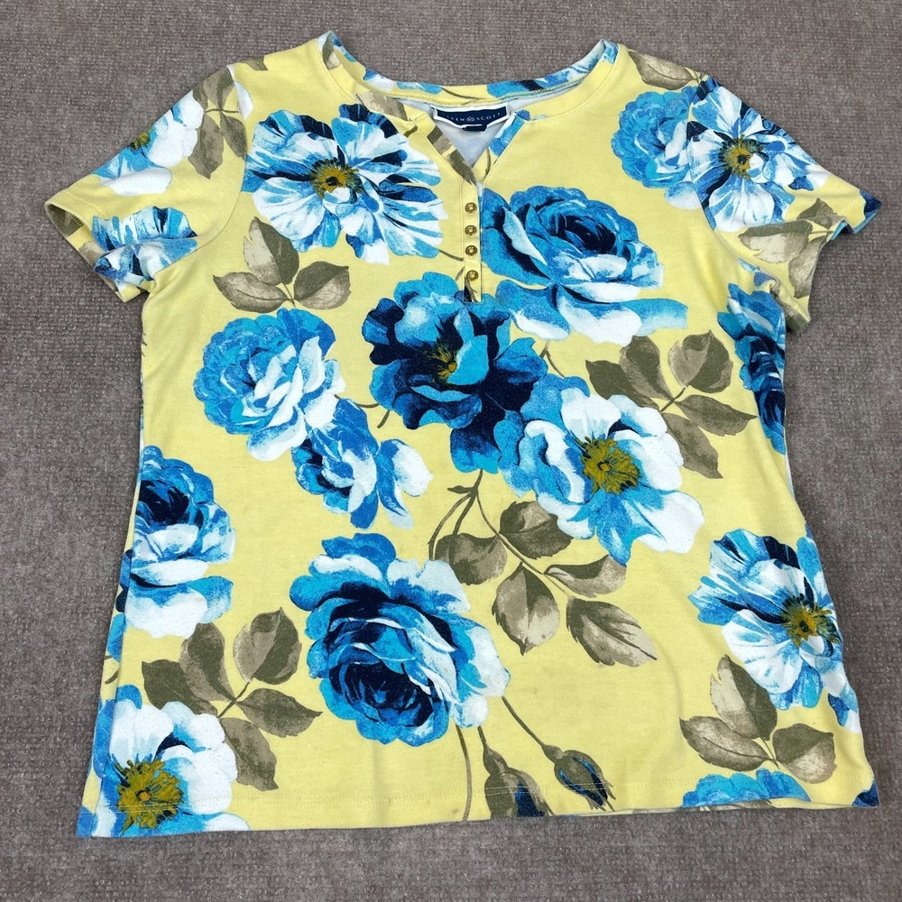 Karen Scott Henley T Shirt Womens Medium Multicolor Floral Cotton Short Sleeve